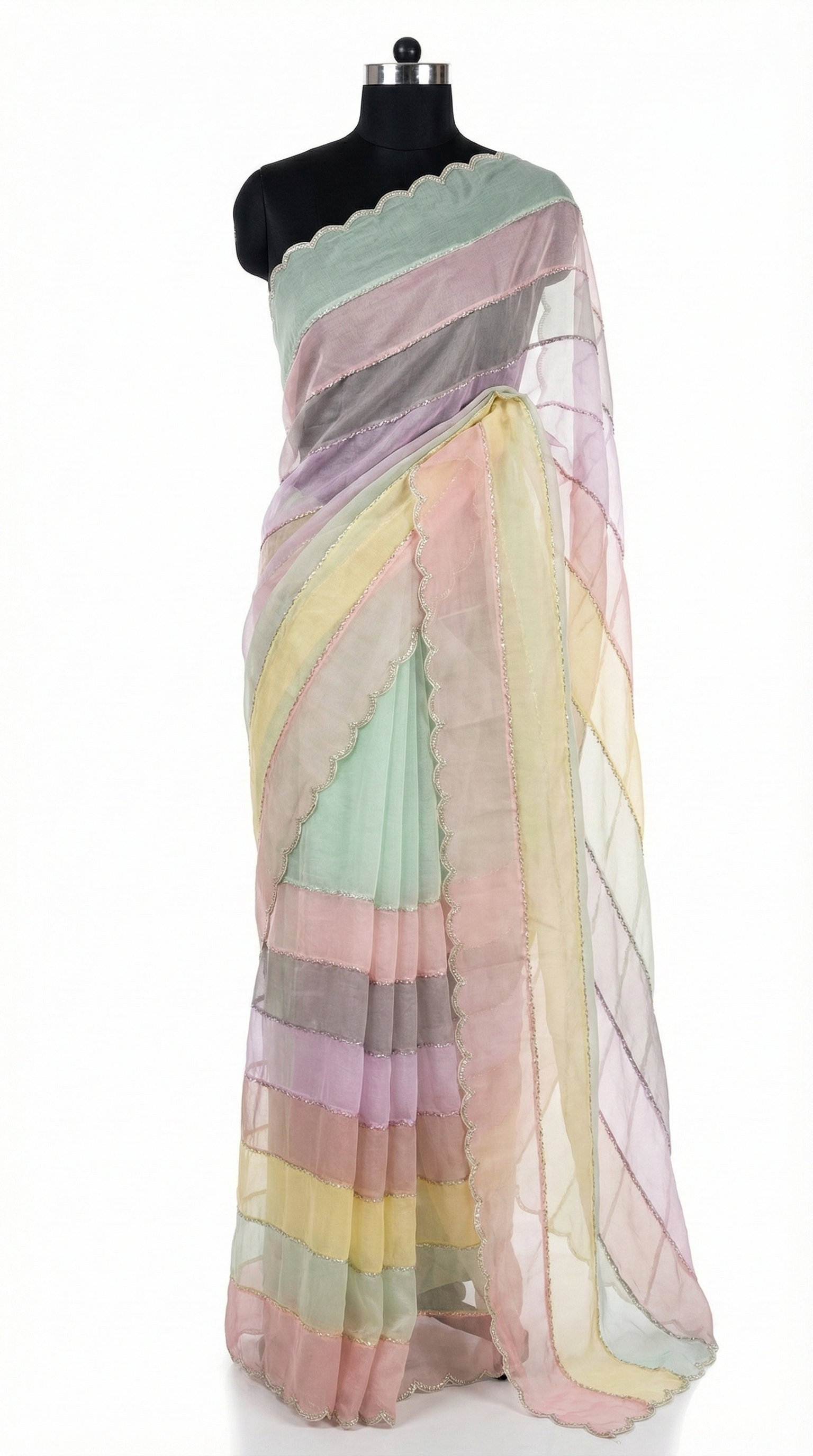 Pastel Organza Striped Saree with Scalloped Border