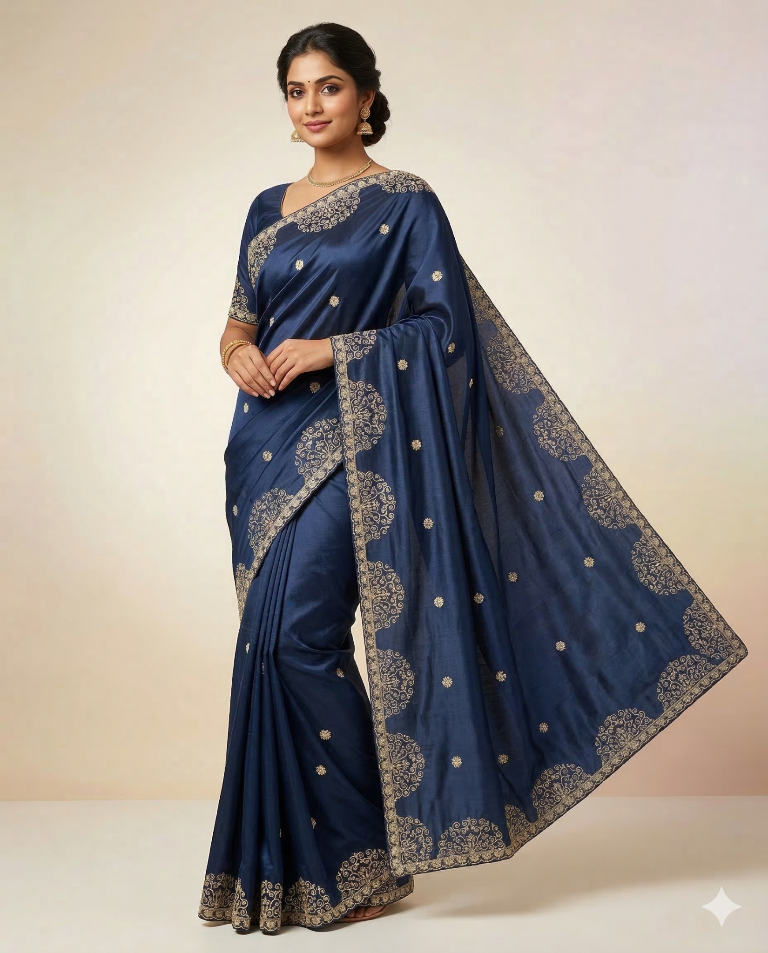 Silk Saree with Heavy Golden Circular Embroidery & Designer Border