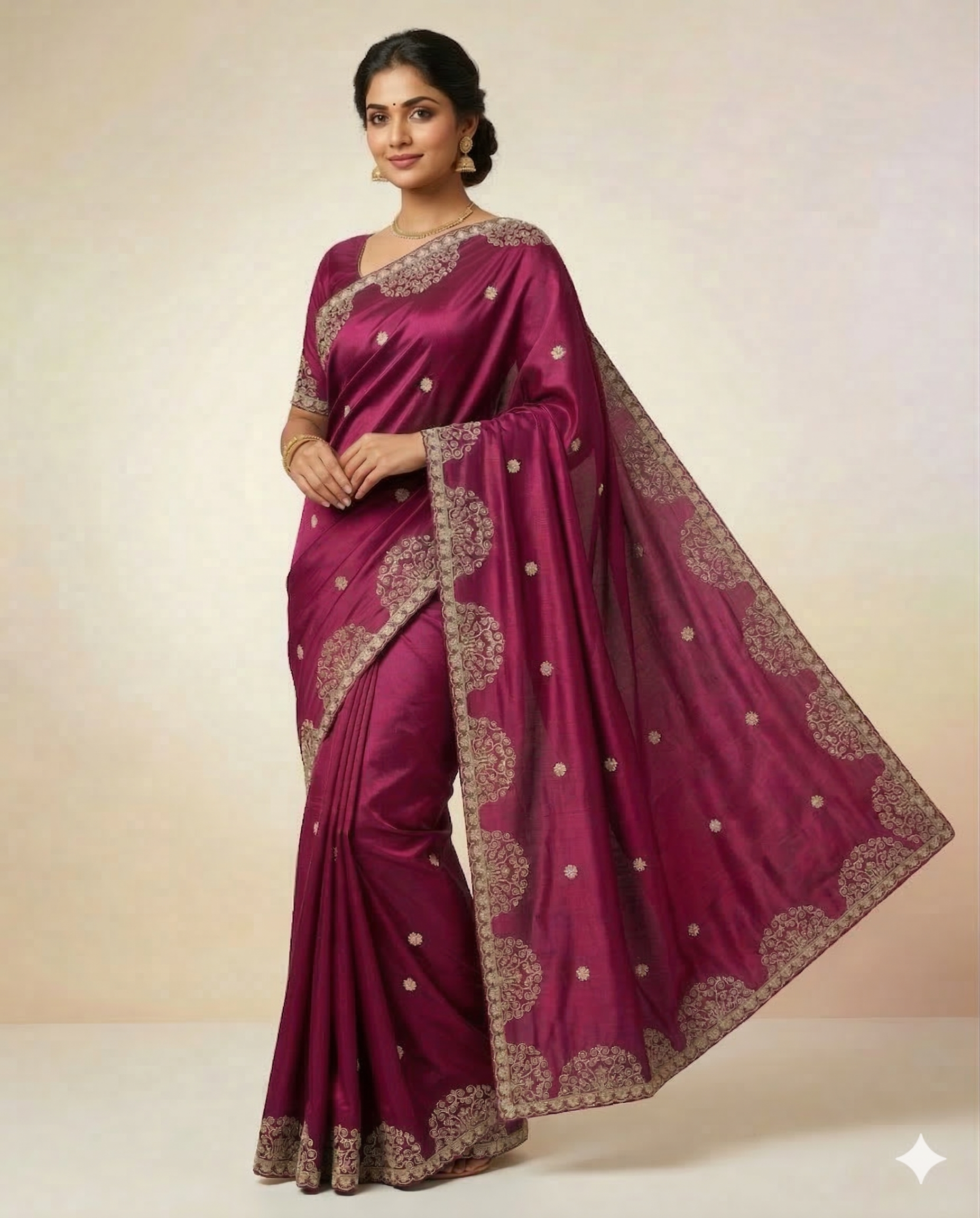 Silk Saree with Heavy Golden Circular Embroidery & Designer Border