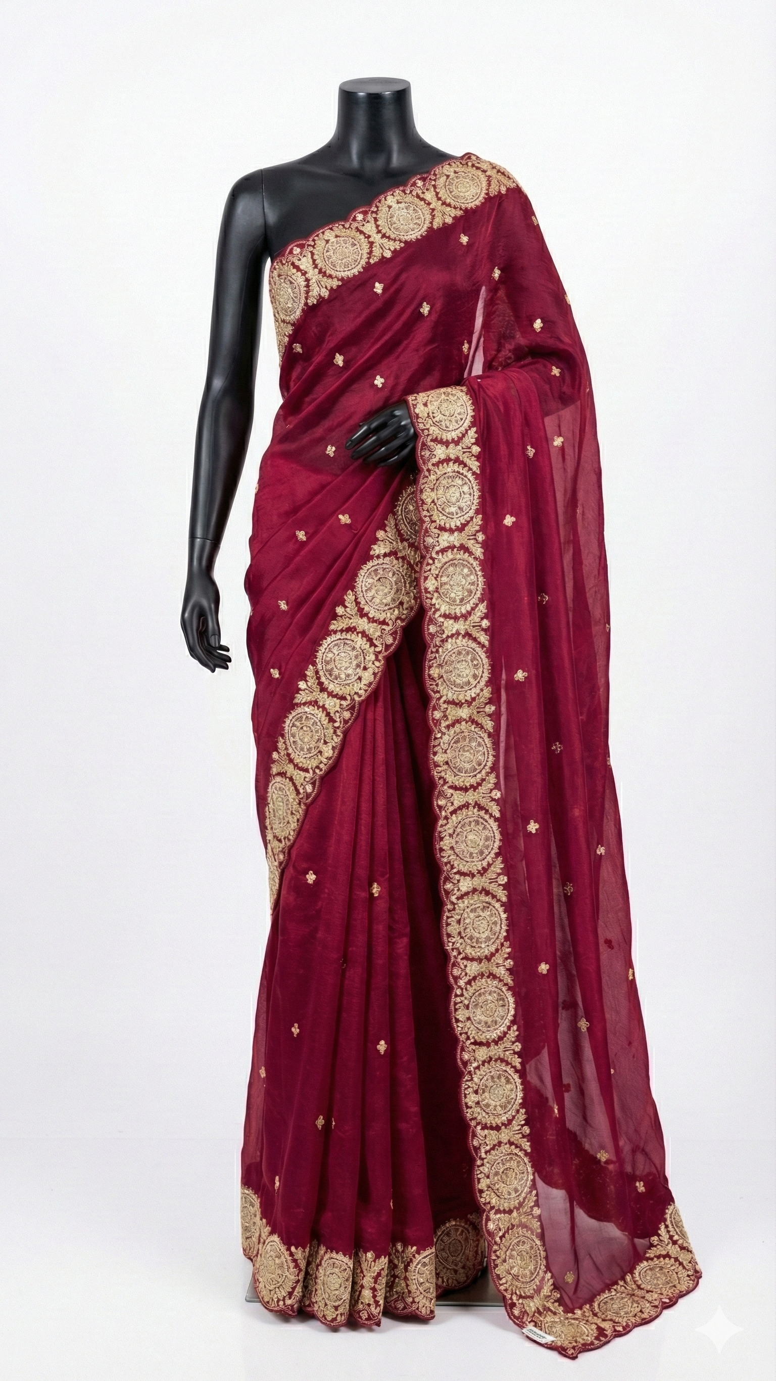 Royal Crimson Crinkle Chiffon Saree with Mandala Scalloped Border