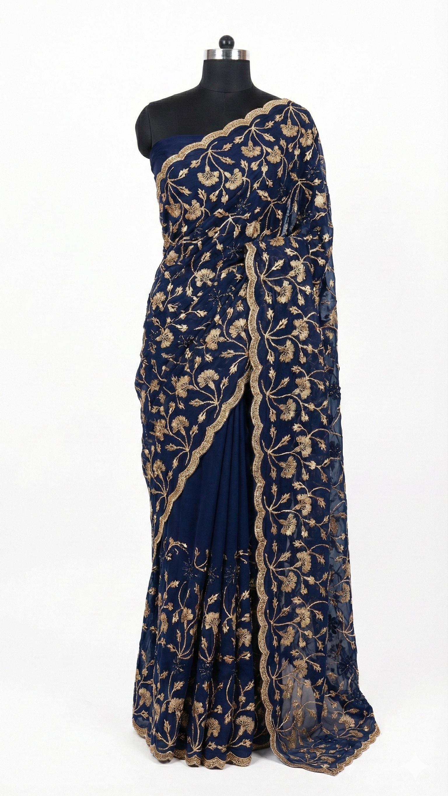 Floral Embroidered Designer Saree with Scalloped Border