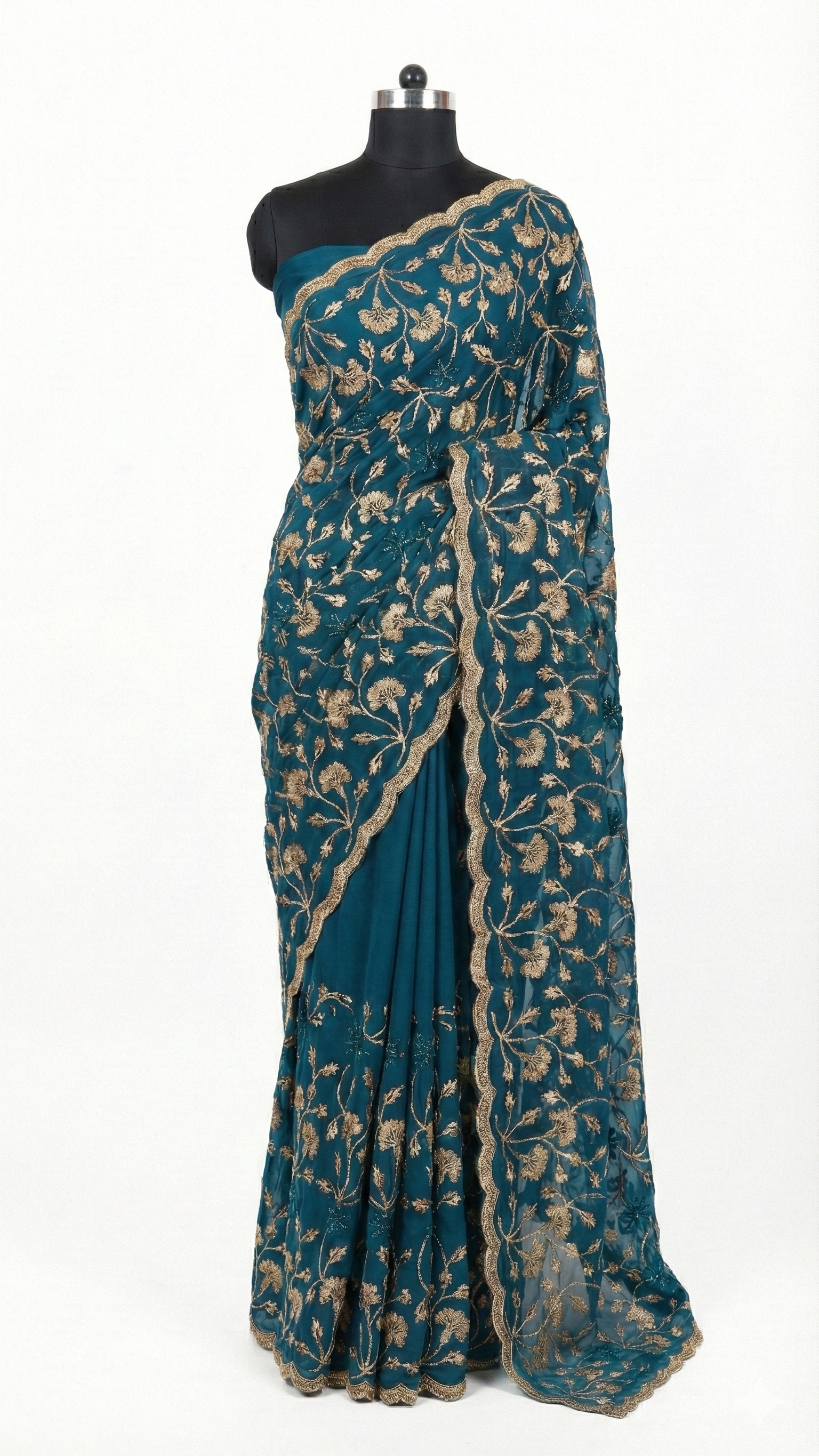 Floral Embroidered Designer Saree with Scalloped Border
