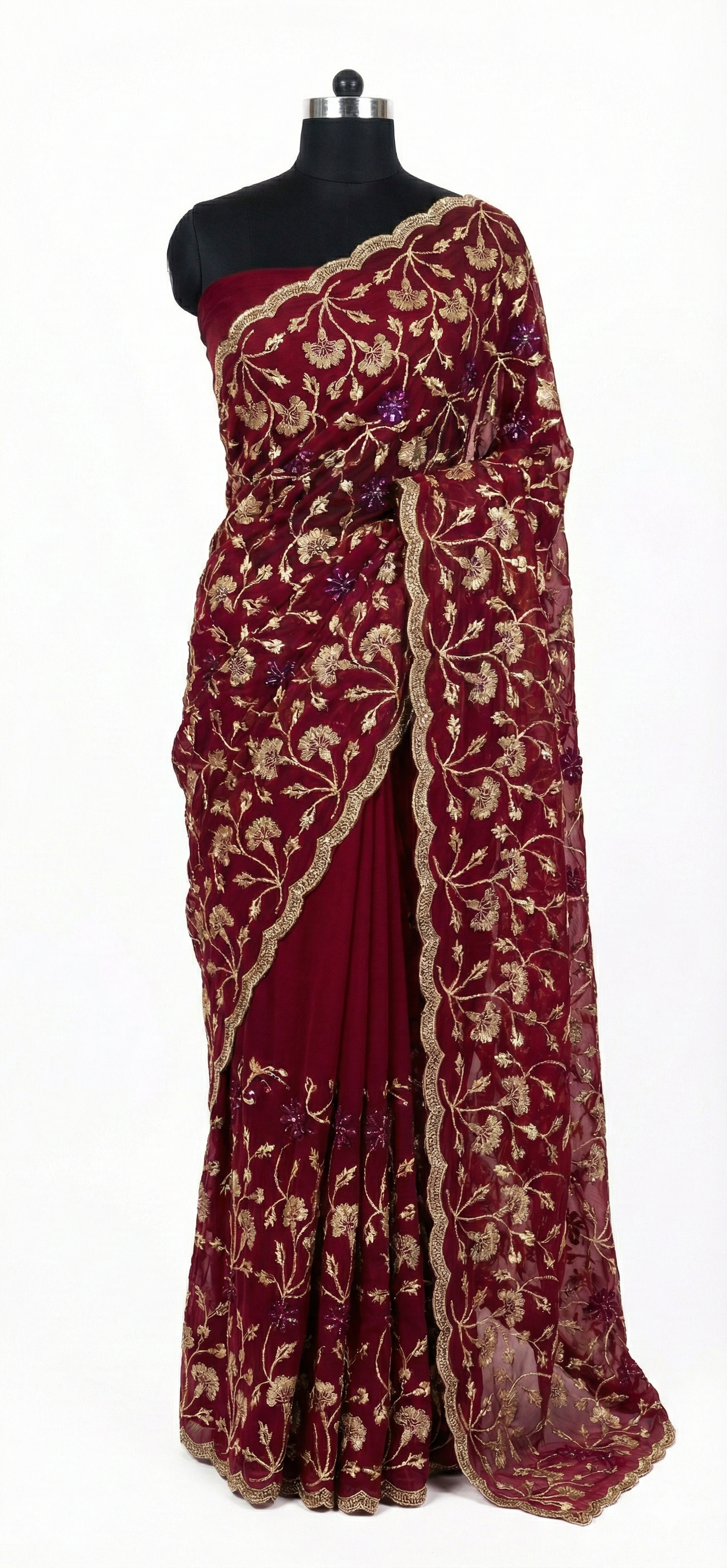 Floral Embroidered Designer Saree with Scalloped Border