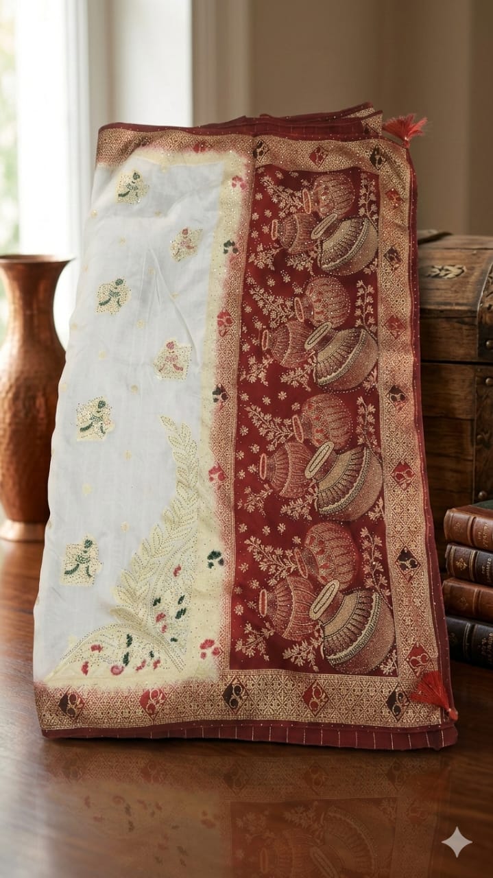 🌸 Elegant Traditional White & Red Designer Saree