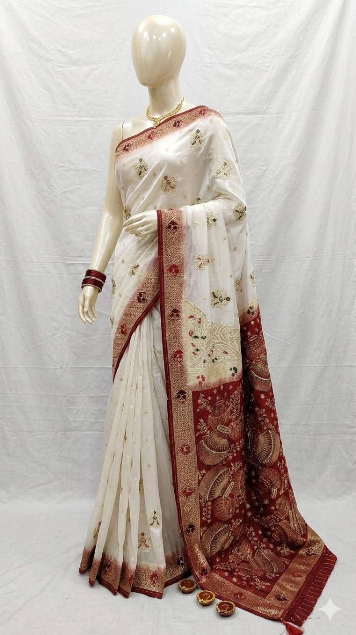 🌸 Elegant Traditional White & Red Designer Saree